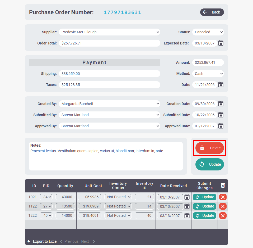 Screenshot of the PO System App edit screen with a red box around the `Delete` button.